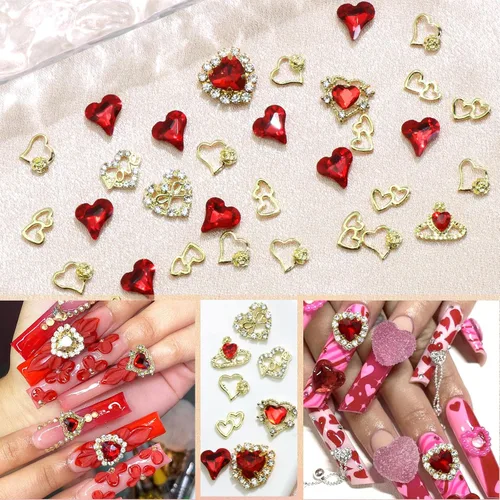 Vista 2 de RODAKY 40 dijes de uñas de corazón de cristal rojo, gemas de uñas para el día de San Valentín para uñas, arte de lujo, accesorios de decoración