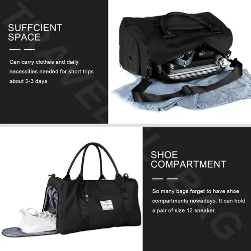 Vista 5 de Bolsa de gimnasio para mujeres y hombres, bolsa de viaje deportiva con compartimento para zapatos y bolsillo húmedo, A-Negro