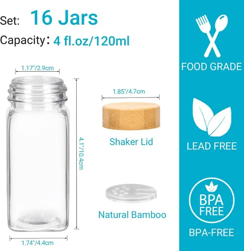 Vista 2 de Tarros de especias de vidrio de 4 onzas con tapas de bambú, paquete de 16 botellas de especias 120ml Seasoning Containers Empty Spice Jars with