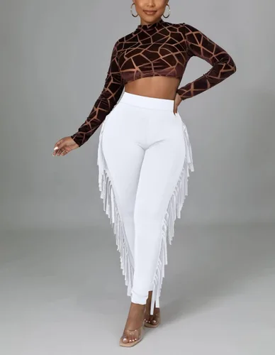 Vista 3 de Choichic Pantalones casuales de cintura alta con flecos y cintura elástica para mujer, pantalones deportivos largos con borlas laterales