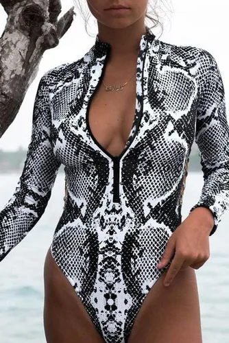 Vista 9 de Dokotoo Traje de baño de una pieza con estampado de leopardo de moda 2023 con cremallera frontal y manga larga para mujer