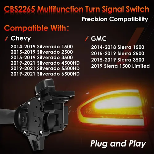 Vista 3 de Interruptor multifunción de señal de giro con control de atenuación de faros Reemplazo para 2014-2021 Chevy Silverado y GMC Sierra
