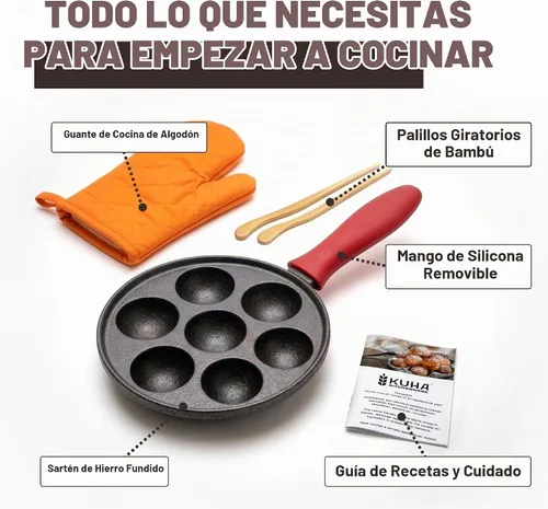 Vista 7 de KUHA Sartén Aebleskiver de hierro fundido – Auténtica máquina danesa para panqueques Aebleskiver, Poffertjes, Takoyaki, Appam, Kuli Paniyaram