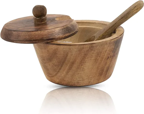 Vista 7 de Azucarero y cuchara de madera rústica hecho a mano con tapa, boca ancha, tarro de dulces para especias, condimentos, frutos secos, recipiente