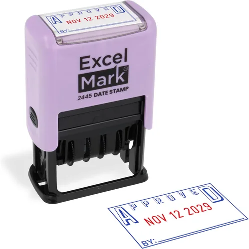 Vista 30 de ExcelMark 2445 Sello de fecha con texto – tinta azul y roja (montaje gris, aprobado)