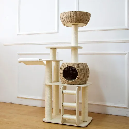Vista 8 de Árbol de ratán de 56.7 pulgadas de alto para gatos de interior, torre de madera para gatos de varios niveles con postes rascadores, muebles