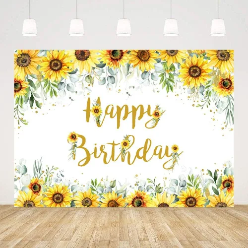Vista 2 de AIBIIN Telón de fondo de cumpleaños de girasol de 7 x 5 pies para niñas y mujeres, decoraciones de fiesta de feliz cumpleaños, cartel de fiesta