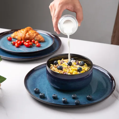 Vista 2 de LERATIO Juego de platos de cerámica de 6, platos de porcelana de 8.5 pulgadas con esmalte reactivo, ligeros, platos de ensalada de porcelana, juego