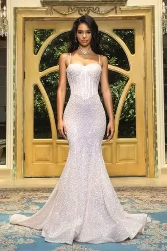 Vista 4 de Brillantes correas espaguetis vestidos de fiesta largos con tren sirena vestidos de noche para las mujeres novia formal DR0210