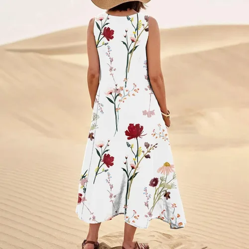 Vista 4 de XSSFCC Womens Summer Clothes Boho 2023 Casual Sleeveless Cotton Linen Button Front Summer Dress for Holiday with Pokets