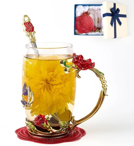 Vista 11 de Taza de té con flores, taza de café de vidrio con mariposa y margarita, con cuchara, caja de regalo para su mamá, esposa, abuela, niñas, amigas