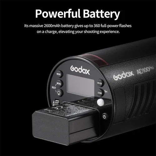 Vista 6 de Godox AD100 Pro Godox 100Ws Pocket Flash Strobe - Sistema inalámbrico X 2.4G, iones de litio de 2600 mAh (360 flashes), 1/8000s HSS, reciclaje