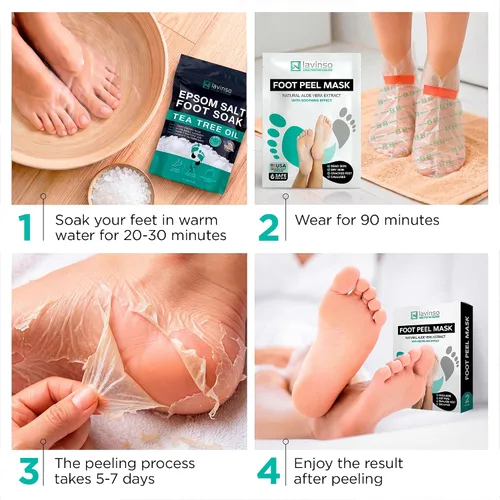 Vista 2 de Máscara exfoliante para pies Lavinso para pies secos y agrietados – Paquete de 2 mascarillas exfoliantes que eliminan la piel muerta y callos