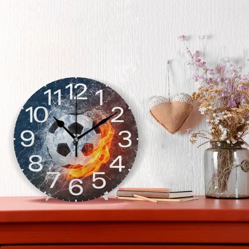 Vista 2 de Kigai Reloj de pared de balón de fútbol en fuego y agua, silencioso sin tictac, 10 pulgadas, funciona con pilas, relojes de pared redondos