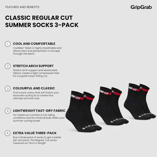Vista 2 de GripGrab Calcetines clásicos de ciclismo de verano de corte regular único y multipack calcetines de bicicleta Coolmax Spinning Calcetines
