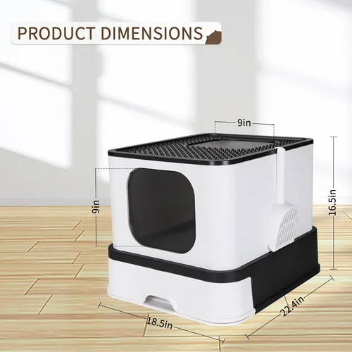 Vista 2 de RIZZARI Caja de acero inoxidable para gatos: bandeja de arena cerrada de gran capacidad negra con paredes altas, revestimiento de teflón