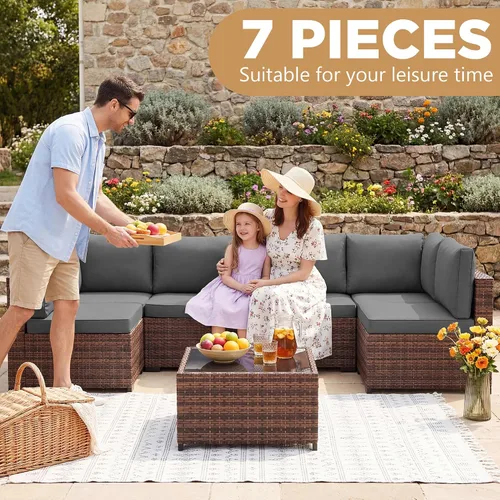 Vista 4 de LHBcraft Juego de muebles de patio al aire libre, 7 piezas seccionales Gris