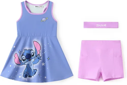 Vista 12 de Disney Frozen Elsa Princess Stitch Minnie - Vestido de tenis para niñas, sin mangas, con pantalones cortos, bolsillo y diadema, 2-9 años