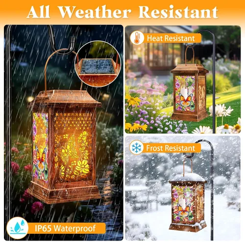 Vista 4 de Linternas solares de mariposa al aire libre impermeables, luces colgantes de metal y vidrio para decoración de jardín, regalos de cumpleaños