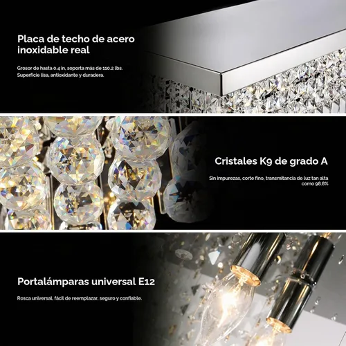 Vista 4 de Araña rectangular, con gotas de cristal, de Siljoy, iluminación moderna, montaje empotrado en el cielorraso, aplique de luz, Blanco, 150.00watts