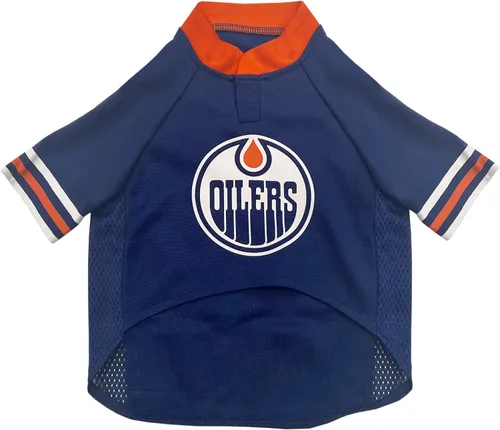 Vista 2 de Pets First Camiseta NHL Edmonton Oilers para perros y gatos, pequeña. Deja que tu mascota sea un verdadero fanático de la NHL