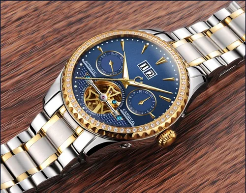 Vista 5 de CARNIVAL Relojes automáticos impermeables automáticos de oro completo de zafiro con calendario multifunción para hombre tourbillon