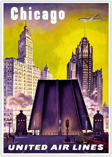 Vista 11 de Chicago USA - The Tribune Tower Wrigley Building and Michigan Avenue Bridge - United Air Lines - Vintage Airline Travel Poster c.1950s - Master Art
