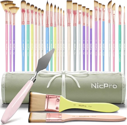 Vista 8 de Nicpro Juego de 32 pinceles, pinceles de pintura acrílica, serie profesional para artistas con espátula de pintura y rollo de tela, pinceles