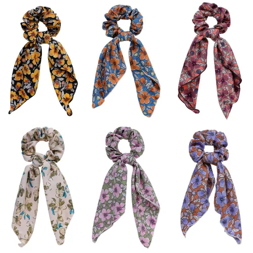 Vista 12 de Bufanda para el cabello, coleta de caballo con 6 bufandas, estampado de flores de cachemira, material de gasa, para mujeres y niñas, accesorios