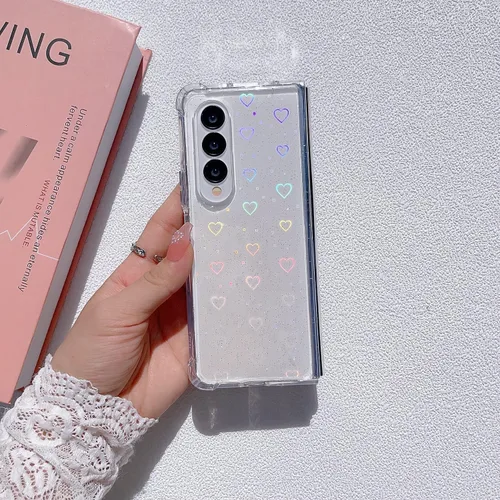 Vista 3 de Funda para Galaxy Z Fold 5, funda protectora de silicona con purpurina láser transparente holográfica con patrón de corazón de amor, delgada, a