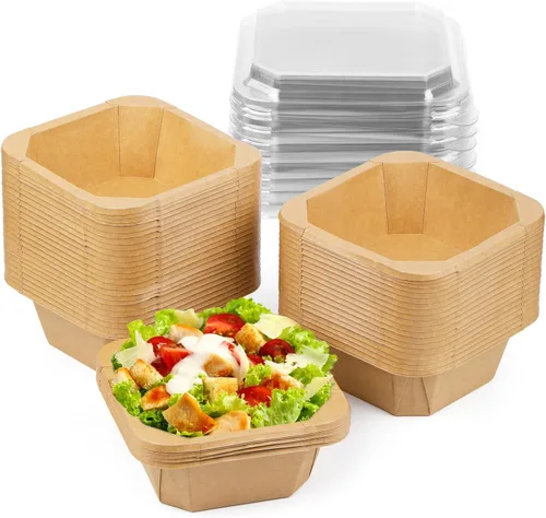 Vista 10 de Paquete de 50 cuencos de papel de 17 onzas, cuencos de ensalada desechables con tapas Octagon Disposable Bowls, Disposable Food Containers with