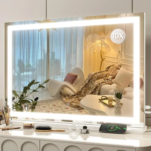 Vista 12 de FENNIO - Espejo de tocador con luces, espejo de maquillaje iluminado LED, pantalla táctil con 3 modos de iluminación, regulable, para mesa