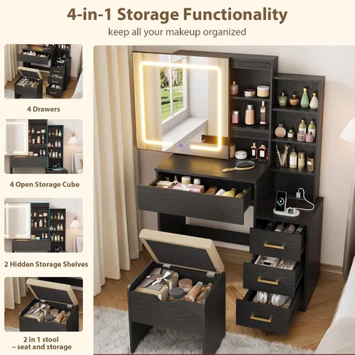 Vista 3 de GarveeHome Makeup Vanity Desk with Sliding Mirror, Vanity Dressing Table with 3 Color Adjustable Lights, Girls Vanity Set with Stool, 4 Compact