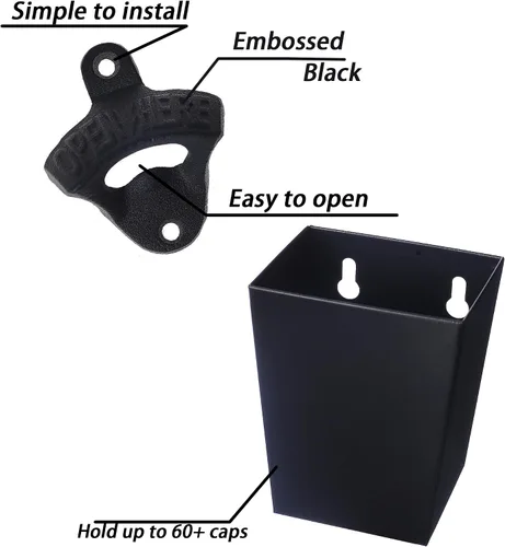 Vista 2 de Abridor de botellas de cerveza de hierro fundido negro montado en la pared con colector de tapas (paquete de 2) Powder Coated, Soda Opener with