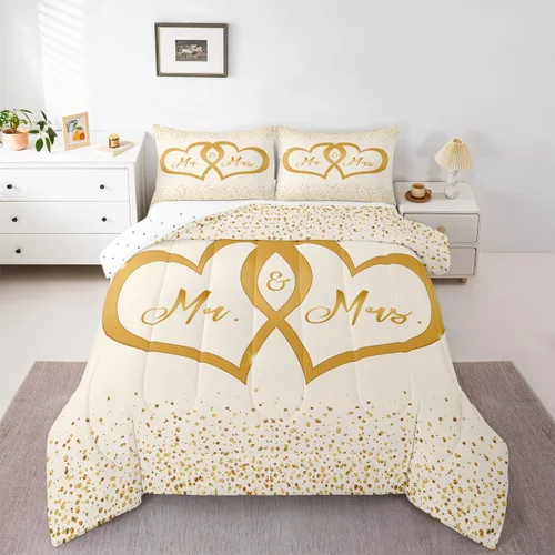 Vista 19 de Erosebridal Juego de edredón para parejas, juego de ropa de cama tamaño individual con lentejuelas doradas con purpurina dorada, edredón acolchado