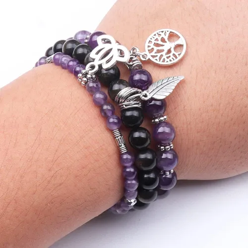 Vista 5 de UEUC - Pulseras Reiki, apilables, de piedras curativas, cristales, con dije del árbol de la vida, yoga y hoja de loto, contra la ansiedad