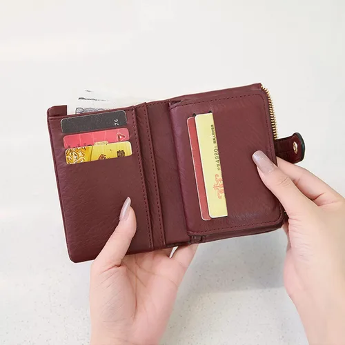 Vista 6 de Carteras pequeñas de triple pliegue para mujer, carteras Rfid para mujer, billeteras plegables de cuero para mujer, portatarjetas compactas