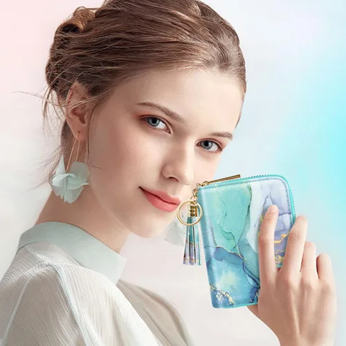 Vista 8 de Coco Rossi Billetera pequeña para tarjetas de crédito RFID con purpurina linda para mujer, C mármol verde