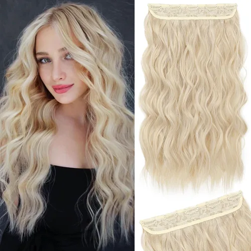 Vista 28 de REECHO Extensiones de cabello rubio, extensiones de una pieza con clip de 20" para mujer, extensiones de cabello sintético suave y natural con ondas