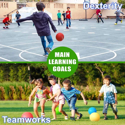 Vista 4 de Pelotas de patio de 10 pulgadas, 4 varietales de Kickball para niños y adultos, pelota Dodge que rebota, balonmano, juego cuadrado para exteriores e