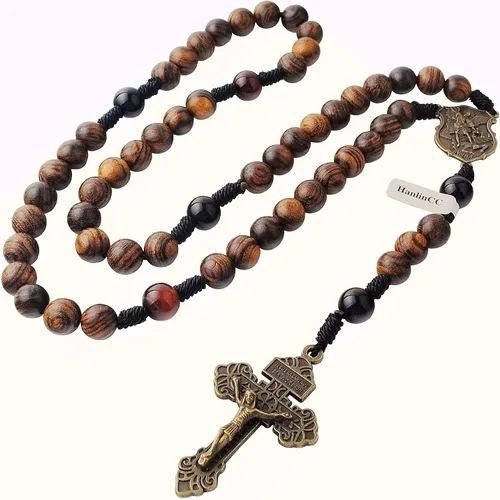 Vista 6 de HanlinCC Cuentas de madera maciza hechas a mano de 0.394 pulgadas con piedra de ágata, collar de rosario católico para hombres con pieza central