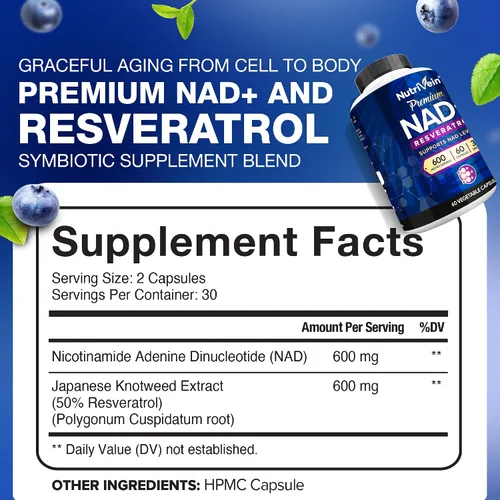 Vista 3 de Nutrivein Paquete de suplementos de resveratrol y resveratrol NAD de alta calidad: potente par de suplementos sinérgicos mejorados con hoja de té