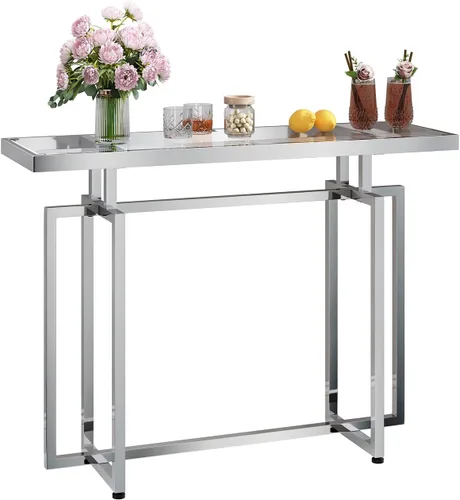 Vista 6 de ASYA Mesa consola de cristal para entrada, mesa de entrada moderna con vidrio templado y marco cromado, mesa de sofá plateada para sala de estar