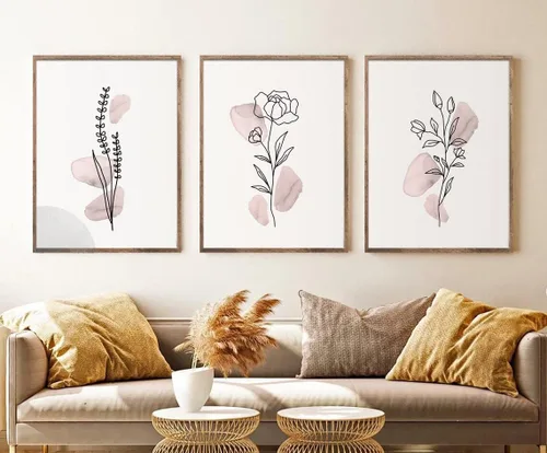 Vista 10 de NATVVA 3 piezas de arte de pared botánico de flores salvajes, impresiones en lienzo de hojas de línea azul marino, póster floral, pintura para sala