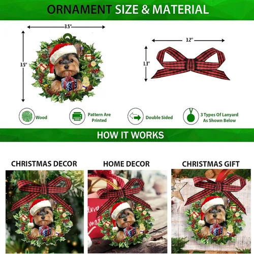 Vista 4 de Talataca Adorno Colgante de Perro Yorkshire Terrier con Sombrero Corona de Yorkie Amante de Perros Adorno Plano 2D de Árbol de Navidad en Madera