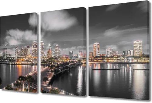Vista 32 de TUMOVO 3 paneles de paisaje urbano en blanco y negro de Estados Unidos, arte de pared, famoso puente Golden Gate, San Francisco por la noche