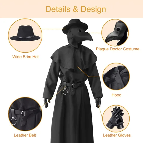 Vista 5 de ATTBEA Disfraz de Halloween compatible con médicos de la peste con máscara de pico de pájaro, bata negra con capucha