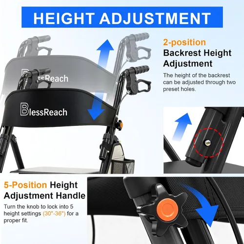 Vista 2 de BlessReach Andadores plegables ligeros con asiento para personas mayores, capacidad de 300 libras, altura ajustable de 5 posiciones, andador híbrido