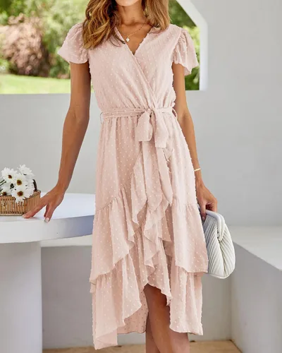 Vista 7 de BTFBM Vestido bohemio casual para mujer, cuello en V, manga corta, gasa, lunares suizos, cinturón y volantes, vestido envolvente para invitadas