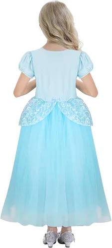 Vista 4 de Disfraz de princesa para niñas, color azul, manga abombada, cumpleaños, Halloween, cosplay, falda de baile